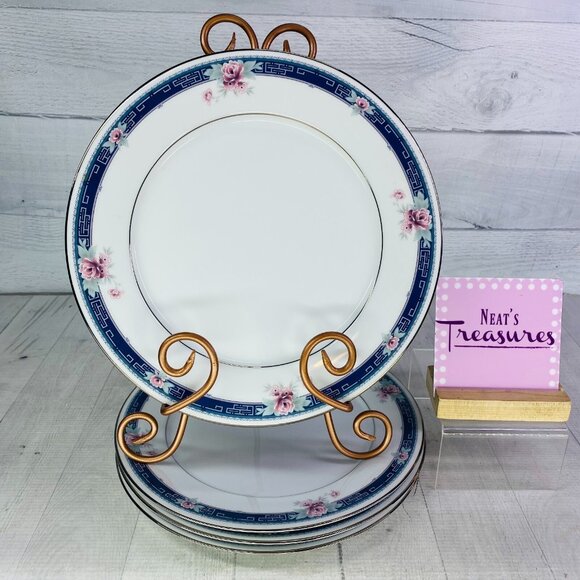 80's Noritake GRANVILLE Contemporary Blue Pink Flower China Dinner Plates Set 4 - Picture 1 of 16